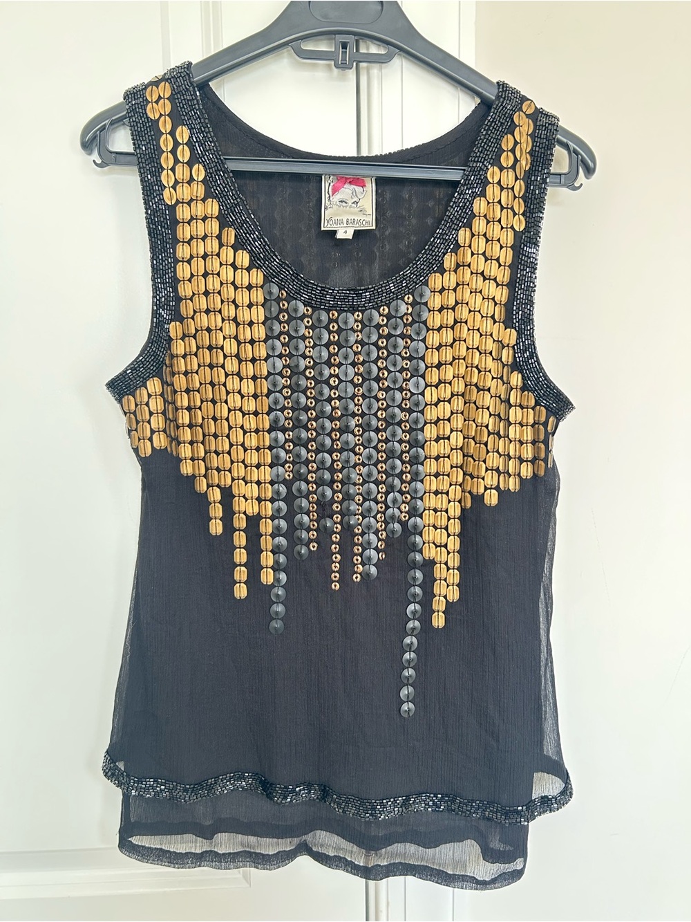Yoana Baraschi Black Tank Top with Gold Bead Cascade